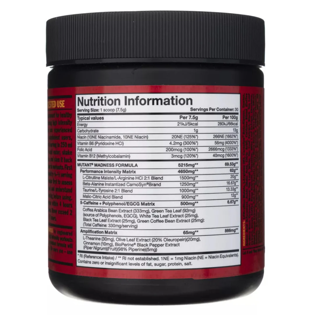 Mutant Madness Fruit Punch Flavour Pre-Workout Supplement 225g - Image 3